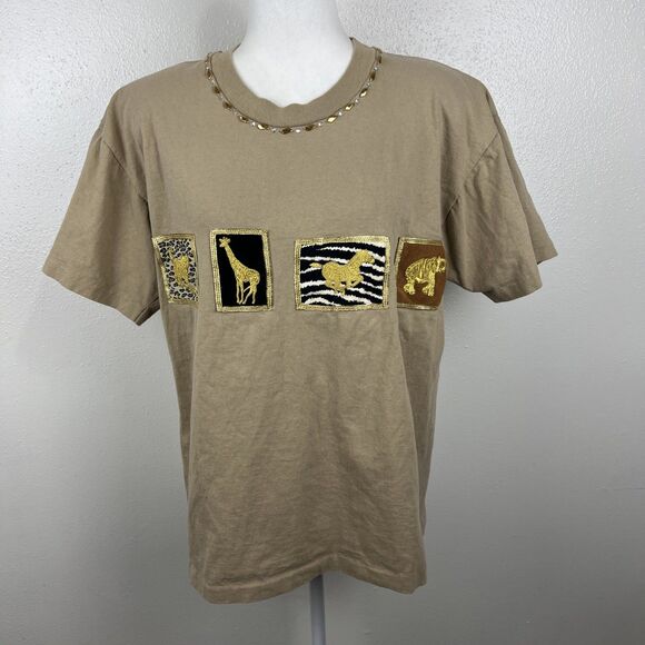 Vintage Clodia Dee Shirt Women Medium Brown Gold Cotton Animal Embroidered Tee - Picture 16 of 16